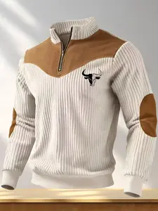 Men's Bull Head Stand Collar Pullover Sweater, Fall & Winter Warm Half Zip Patchwork Retro Streetwear, Long Sleeve Fitted Sporty Sweatshirt, Street Casual Jumper