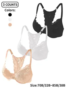 TikTok Shop Fall Exclusive: 3-Pack Solid Color Lace Panel Underwire Bra, Women - Lift, Anti-Sagging & Seamless Support. Features soft back design for comfort, underwire with clasp and seamless construction. Perfect for daily wear