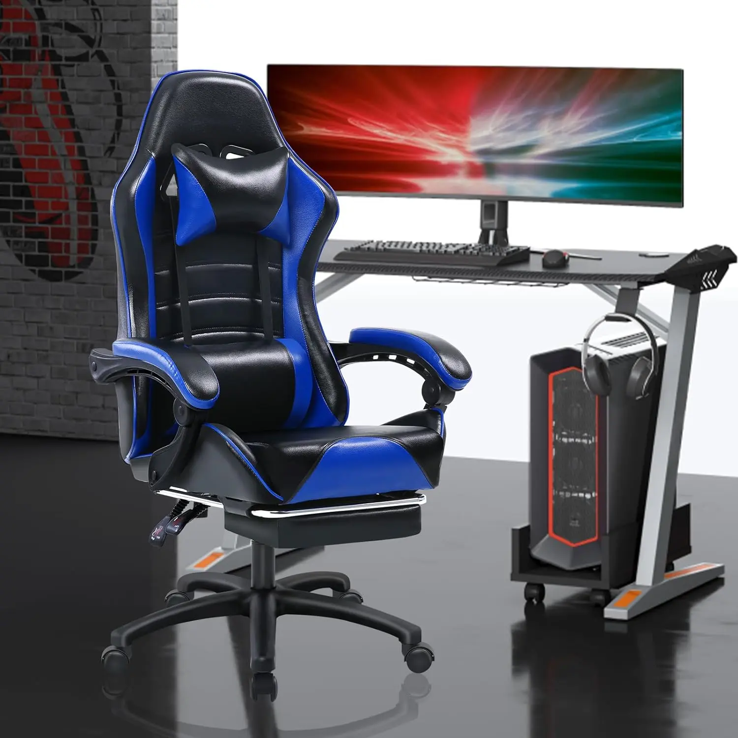 Ergonomic Gaming Chair with Footrest, PU Leather Video Game Chairs for Adults, Reclining Gamer Chair Office Chair with Lumbar Support, Comfortable Computer Chair for Heavy People, Blue,Home and Office