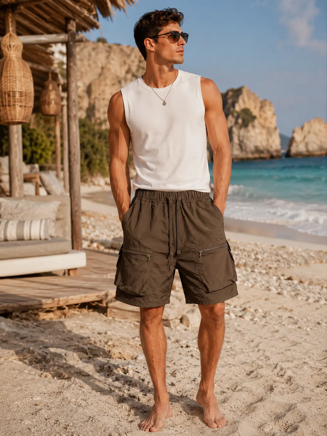 Men's Trendy Brand Woven Baggy Cargo Jorts - Retro, Multi-Pocket, Plain, Summer Thin, Loose Straight-Leg, Cropped Cut, Comfy, Outdoor Ready Shorts for Camping, Hiking, Fashion, L