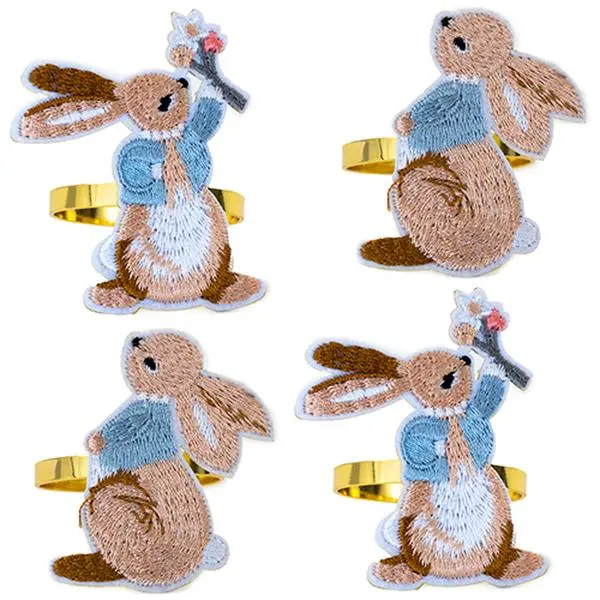 Linens Art And Things Round Kitchen Napkin Rings - Embroidered Easter Bunny Design, Blue and Brown, 4-Piece, Wrinkle Resistant, Durable, Stylish Spring Kitchen Linens