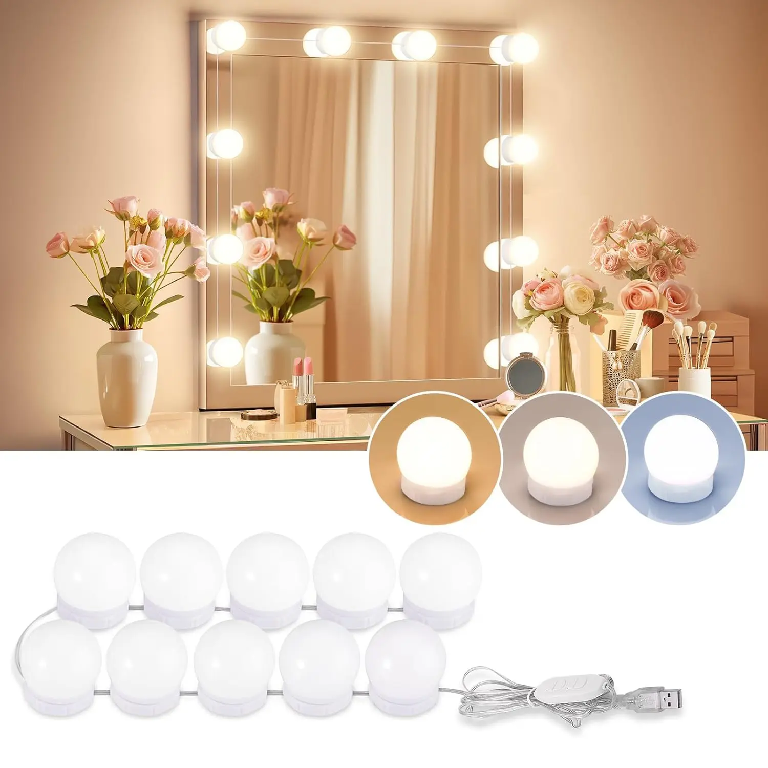 LED Makeup Mirror Light Set, Consciot Hollywood Style, 10 Adjustable LED Bulbs, Color & Brightness Adjustable, USB Powered, Adhesive Mount, Led Mirror Lights