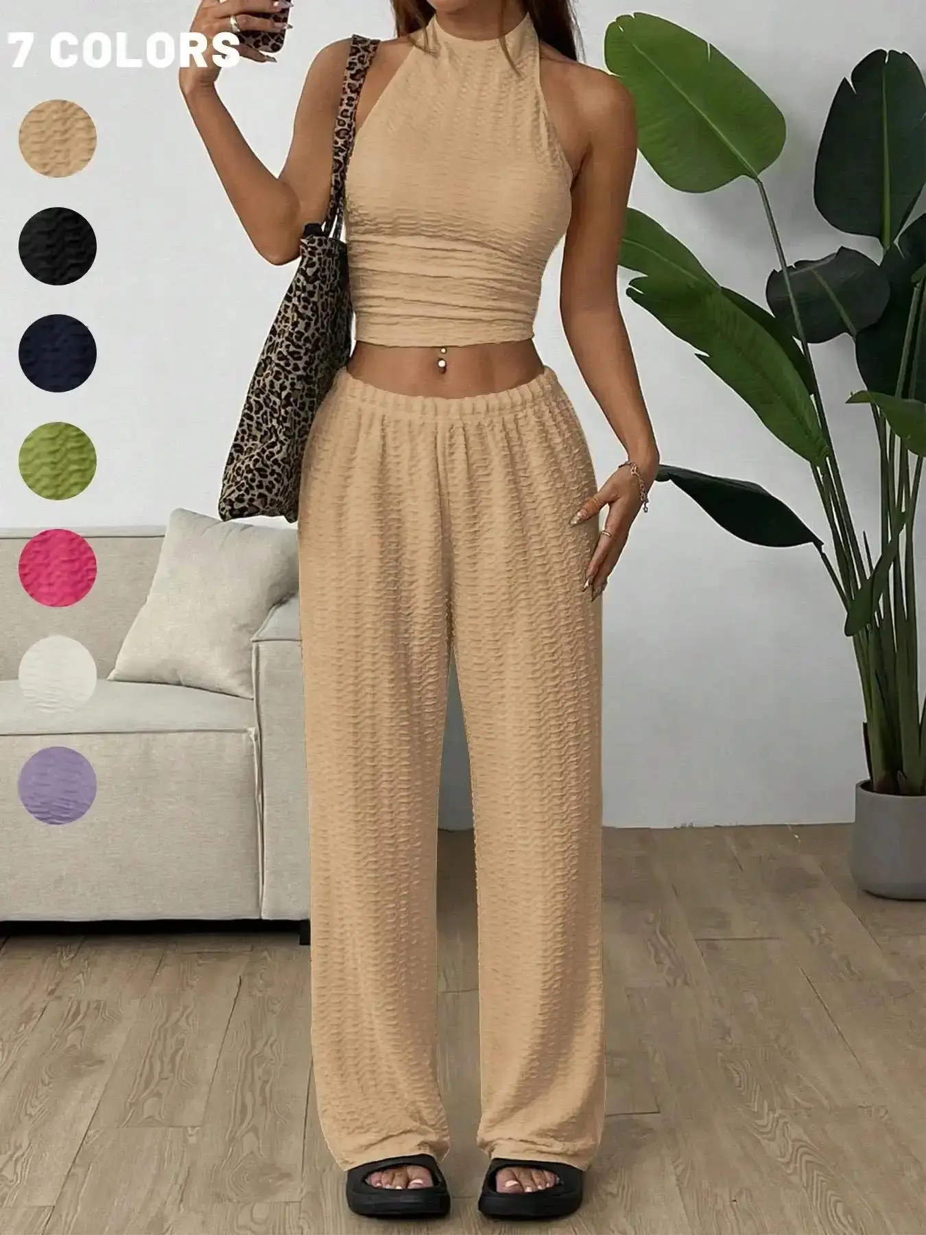 Women's Vibrant Solid Crop Halter Neck Top & Wide Leg Pants Set, Casual Basic Fashion Cozy Two-piece Set for Daily Outdoor Wear, Ladies Clothes for All Seasons, effortless layering, chic everyday, refined casual