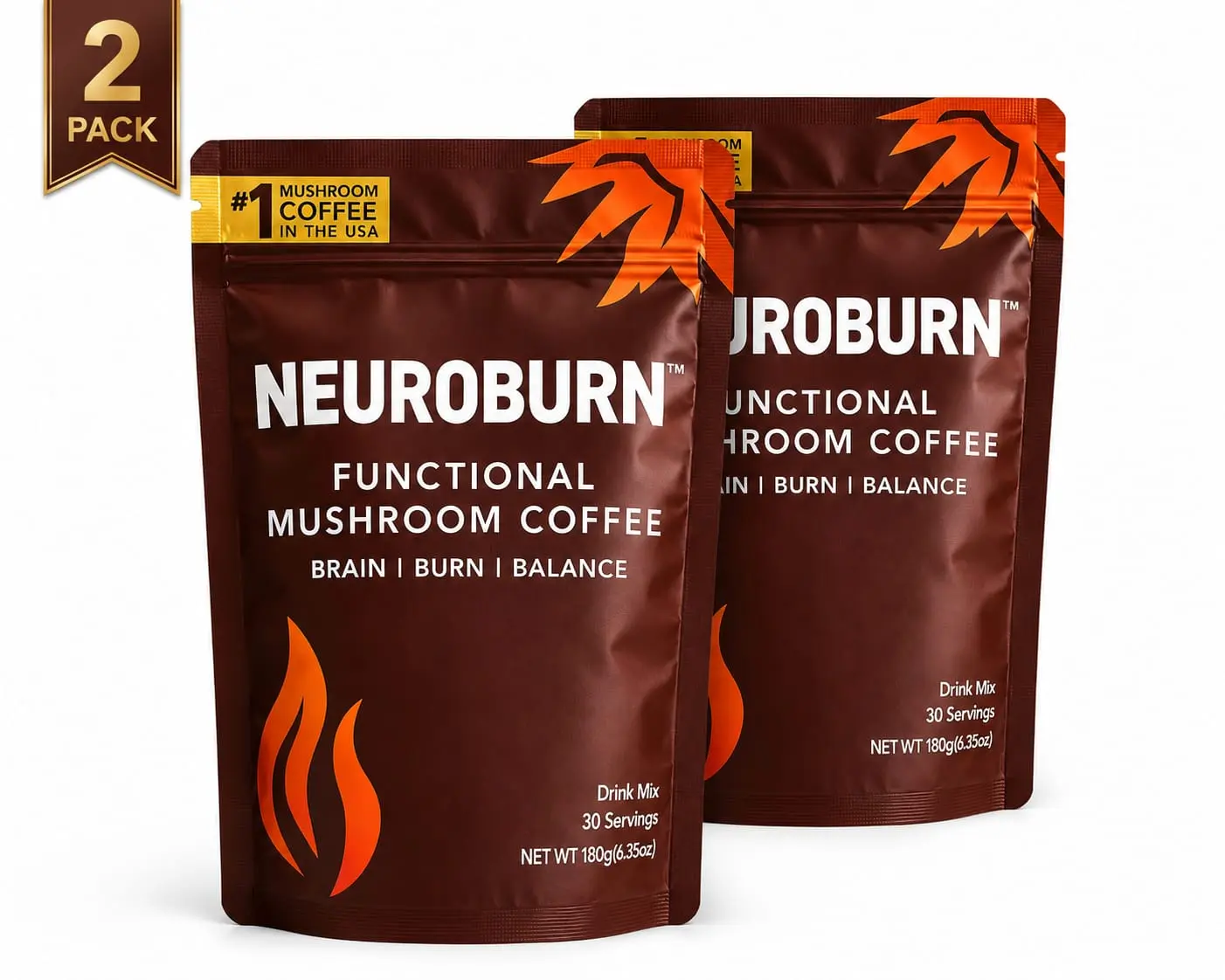 Neuroburn Functional Mushroom Espresso Coffee Beverage 2-Pack Value Bundle - Sugar-Free, Low-Sugar, Nootropic Energy Booster for Focus, 30g Bags, 12-Month Shelf Life for Cupboard Storage