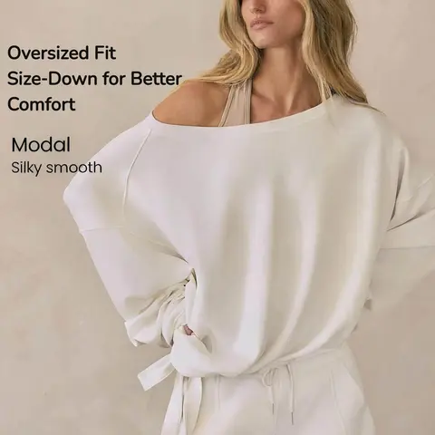 GLOWMODE SoftCalm Modal Soft Edge Off-Shoulder Pullover Single‑Side Bow Drawstring Adjustable Hem Breathable Casual Daily Wear