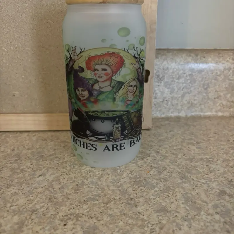Hocus Pocus Witches Are Back Frosted 16oz Glass Cup with Colorful Design and Wooden Lid