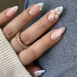 24PCS Pink Almond Press on Nails Full Cover Carved Flower 3D Ripples French Fake Nails for Women with Golden Pearl Wearable Nail