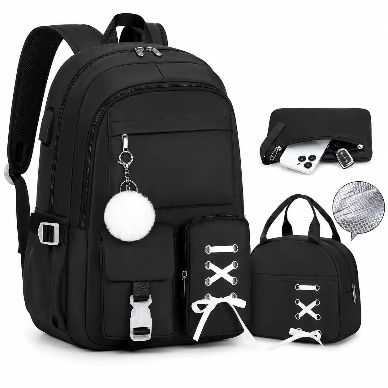 SIMILOVE Ribbon Gradient School Backpack with Laptop Compartment - Personal Item and Food Bag & Zip Pouch/Tote Bag for Women Teens School College Student Hiking, Bookbag Daypack Laptop Travel Backpack for Women, Waterproof, Lightweight,Organiser