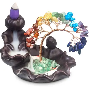 Incense Waterfall Burner Crystal Tree Backflow Incense Burner Handmade Ceramic,Money Tree Crystal Stone Waterfall Incense Burner for Meditation Yoga Spa Desk Home Zen Decoration,Gift for Mom