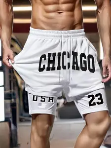 Men's 2-In-1 Graphic Gym Shorts with Inner Pockets, Summer Double-Layer Training & Running Shorts, Drawstring Waist, Comfortable Fit