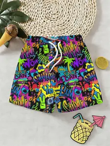 Boys' 3D Printed Beach Pants, Vintage American Style Full Print, Graffiti Style Shorts, Loose Comfortable Versatile, Birthday Gift, Holiday Gift