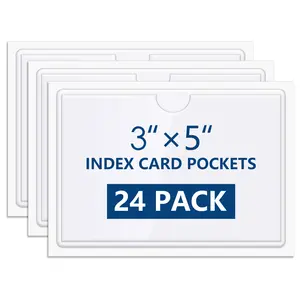 MaxGear 3x5 Index Card Pockets, 24 Pack Self Adhesive Library Card Pocket with Top Open Loading, Plastic Label Holders for Storage Bins, Clear Label Sleeves, Removable Tote Label Sticker Easy Peel Off