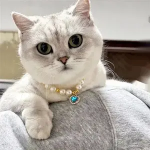 Pearl Heart Charm Collar Set 💖 Stretchable Ethereal Pearl Necklace 5 Size Options for Dogs & Cats – Hypoallergenic Pet Jewelry with Breakaway Safety Harnesses Outfits