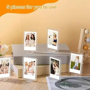5 Pcs 2x3inch Acrylic Photo Frame with Base Acrylic Photo Display Mini Picture Frames Double Sided Desktop Display Vertically for Film Mini Picture Ornaments(Clear, Lace)