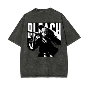Menswear Bleach Ichigo Kurosaki Oversized T-Shirt - Vintage Anime Graphic, Acid Wash Streetwear, Round Neck Shortsleeve, Soft Heavyweight Cotton, Substitute Soul Reaper Zangetsu Top, Harajuku Clothes, Unisex Boyfriend Style Fashion Wear, Anime Merchandise