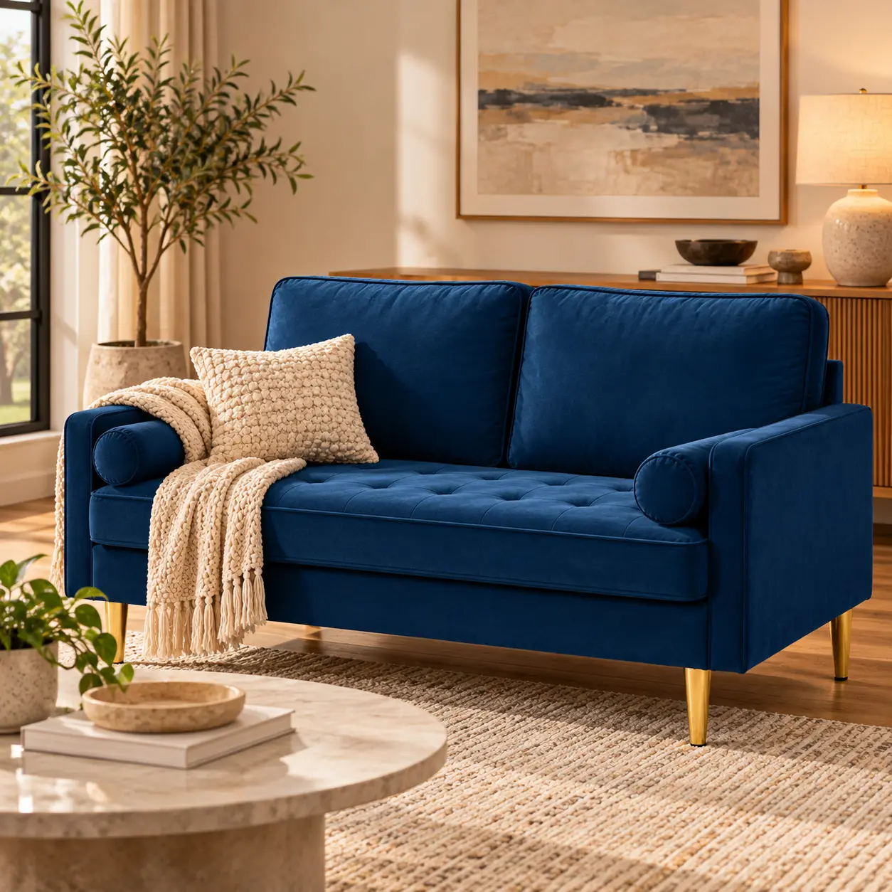 65" Mid-Century Modern Soft Velvet Loveseat Sofa - 2-Seater Upholstered Couch with Tufted Back, Ergonomic Armrests for Long Lounging, 2 Pillows, Gold Legs, Navy Blue for Living Room Apartments
