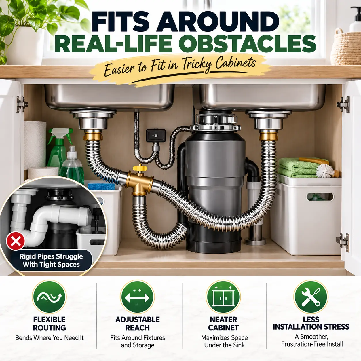 Double Sink Drain Kit - Easy DIY Install, Leak-Resistant, Fits Most Double Sinks, Tight Seal, Durable Stainless Steel, Solid Brass Fittings