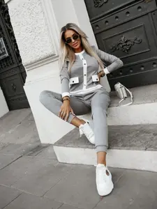Women's Casual Knit Two-Piece Set, Fashionable Chic Patchwork Design with Button Decoration and Pockets, Round Neck Top and Elastic Waist Pants, for Fall & Winter