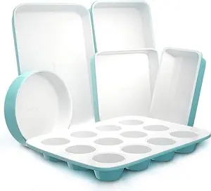 NutriChef 6-Piece Baking Pan Set, Carbon Steel Bakeware with Premium Ceramic Nonstick Coating, Includes 12-Cup Muffin Pan, Cake & Loaf Pan, Wide Bake Pan, & Cookie Sheet - Turquoise