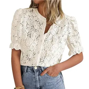 EncoLax Womens 2026 Spring Lace Tops Short Puff Sleeve Casual Dressy Blouses Eyelet Crew Neck Button Down Shirts