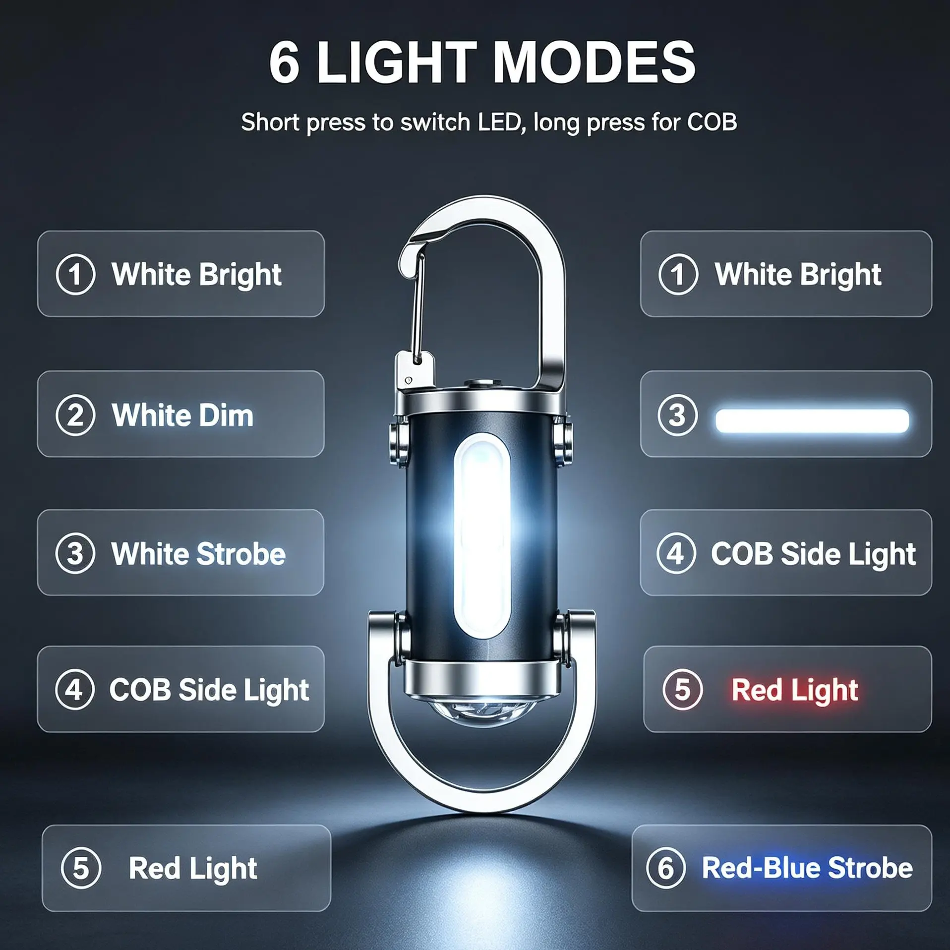 Multifunctional Rechargeable Keychain Flashlight, IPX Waterproof LED Pocket Torch with Carabiner Clip, 6 Light Modes White/Red/Blue Strobe, Portable Emergency Mini Work Light for Camping, Hiking, Car Repair & Household Night Check