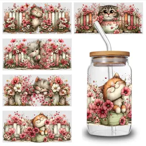 5 Sheets Cute Cat UV DTF Stickers Themed UV DTF Transfer Paper - Waterproof & Scratch Resistant, 3D Crystal Clear Decals for Glass Cups, Mugs, Laptops, Refrigerators