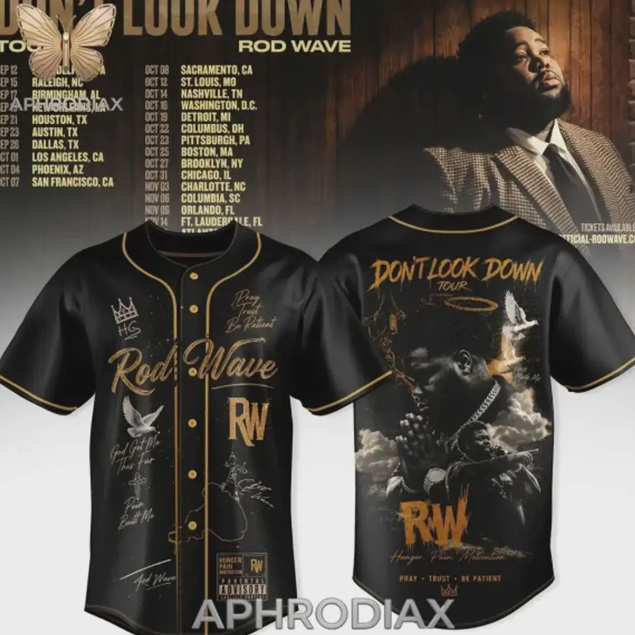 Rod Wave Don’t Look Down Tour Black Baseball Jersey, Unisex Baseball Jersey Shirt, Lightweight Sportwear, Casual Street Style