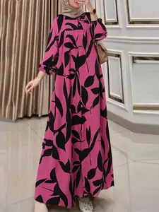 Women's Casual Long Dress, Geometric Pattern, Loose-Fitting Lantern Sleeves, All-Over Print, Woven Fabric, Suitable for Daily Wear