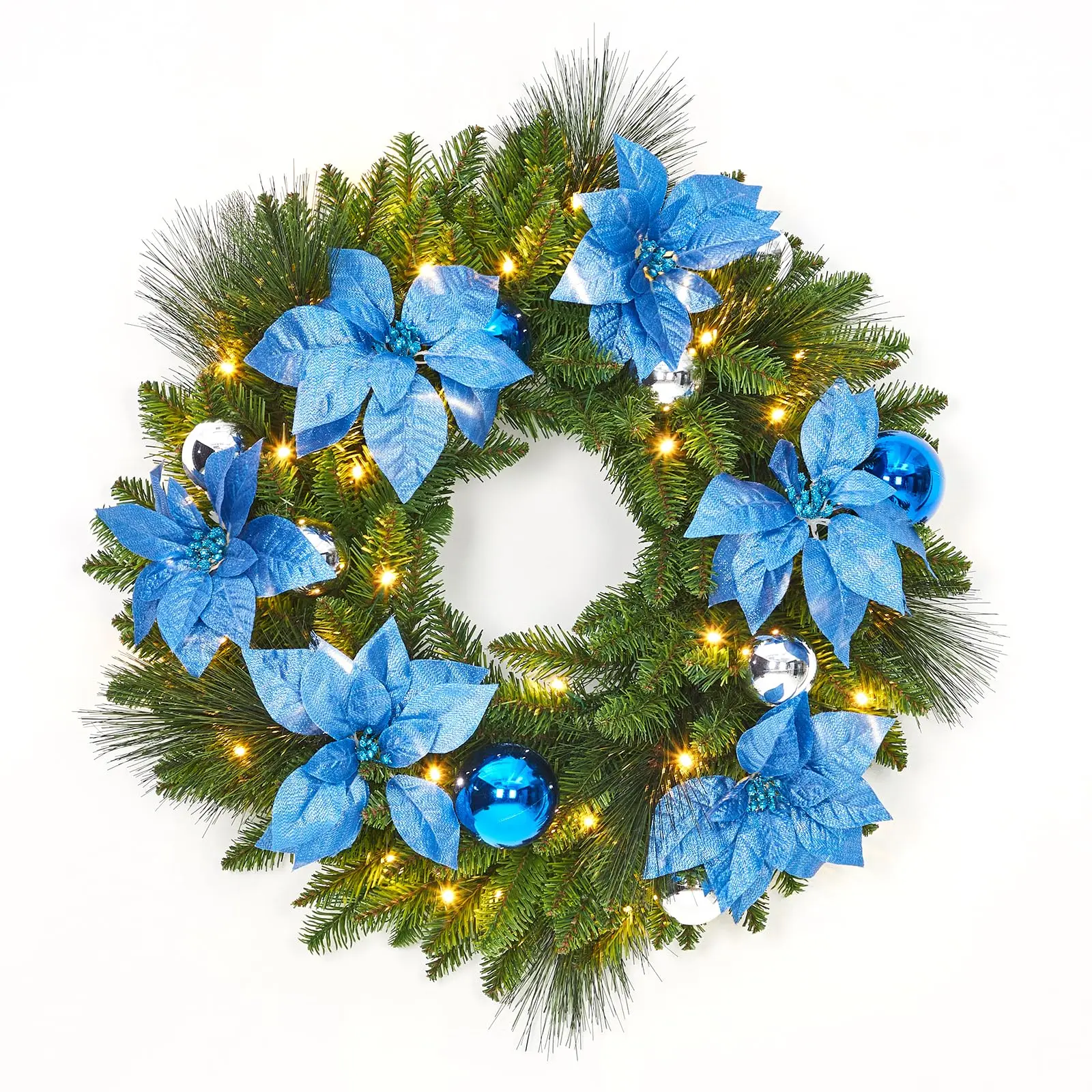 24" Pre-Lit Christmas Wreath with Flower Cypress Leaves & Balls - Front Door Decor for Indoor/Outdoor Winter Christmas Decorations