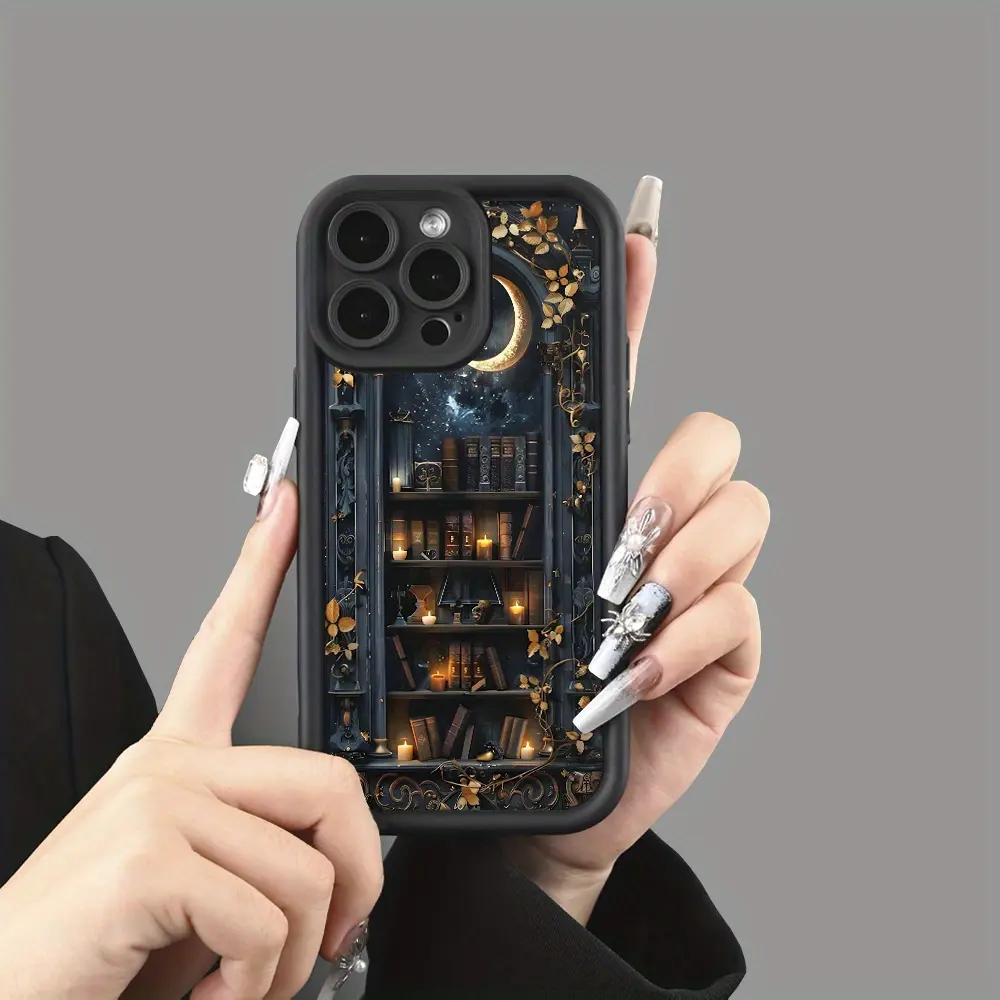 Phone case: Black Tall Bamboo Moon Candle Bookshelf Pattern  Phone Case for iPhone 17 E Air Pro ProMax iPhone16 15 14 Plus 13 12 Mini 11 X XS XR