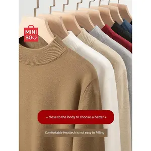 MINISO Fleece-lined Mock Neck Sweater Men's Autumn and Winter Keep Warm Inner Match Mid-Collar Single-Layer Fleece-Lined Knitting Bottoming Shirt Y