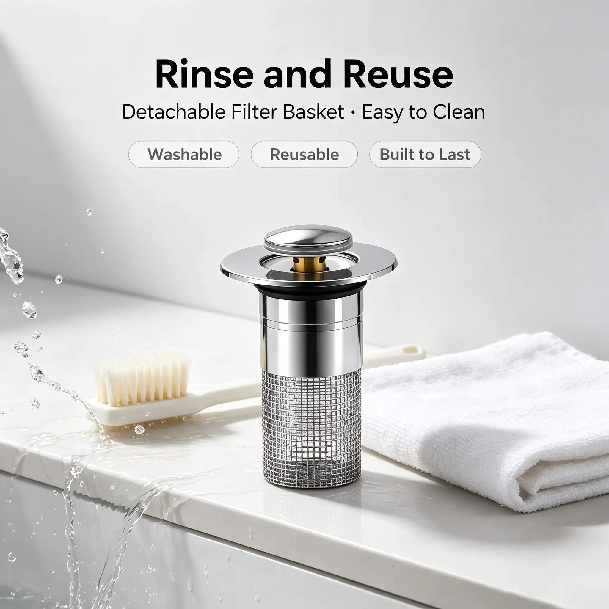 Stainless Steel Modern Anti-Odor Bathroom Sink Stopper with Bouncing Core & Brass Pop-Up Drain Plug, Universal Home Goods Sink Strainer for Bathtub