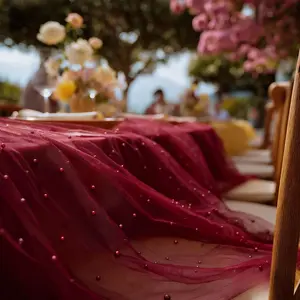 Single-piece set, 76cm wide, burgundy table runner with pearl tulle, suitable for wedding ceremony arch/dessert table decoration, indoor and outdoor holiday party table/chair back ribbon decoration, perfect for Valentine's Day and romantic spring weddings