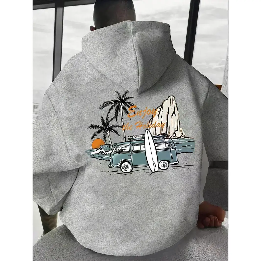 Men's Cozy Fleece-Lined Hoodie with Coconut Tree Print - Casual & Sporty, Loose Fit Pullover