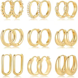 9 Pairs Small Gold/Silver Hoop Huggie Earrings Set for Women, 14K Gold Plated Chunky Hoop Small Earring Hypoallergenic Thick Open Lightweight Chunky Hoop Earrings Jewelry for Gifts