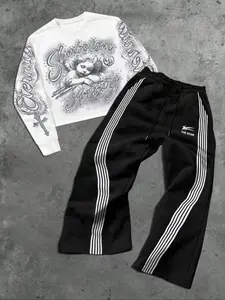 Men's Angel Print Hoodie & Jogger Pants Set, Casual Street Style, Streetwear, Fall Winter Fashion, Fitted Design, Trendy and Versatile, Outfit