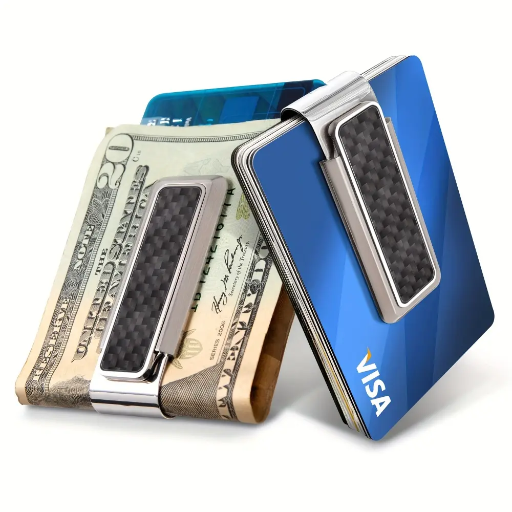 Men's Carbon Fiber Style Money Clip - Clip-On Card Carrying Holder for Cash, Credit Cards, Everyday Minimalist Wallet Alternative with Stainless Steel Components, Slim Daily Carry