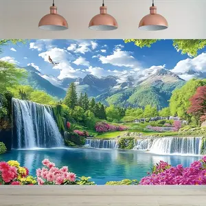 Party Banner , Natural Waterfall Landscape Background Decoration Background Photo Props, Polyester Banner Decor, Home Decor, Room Decor, Wall Decor, Party Background Decor, Party Decor/ Supplies/ Gifts Decorative Background