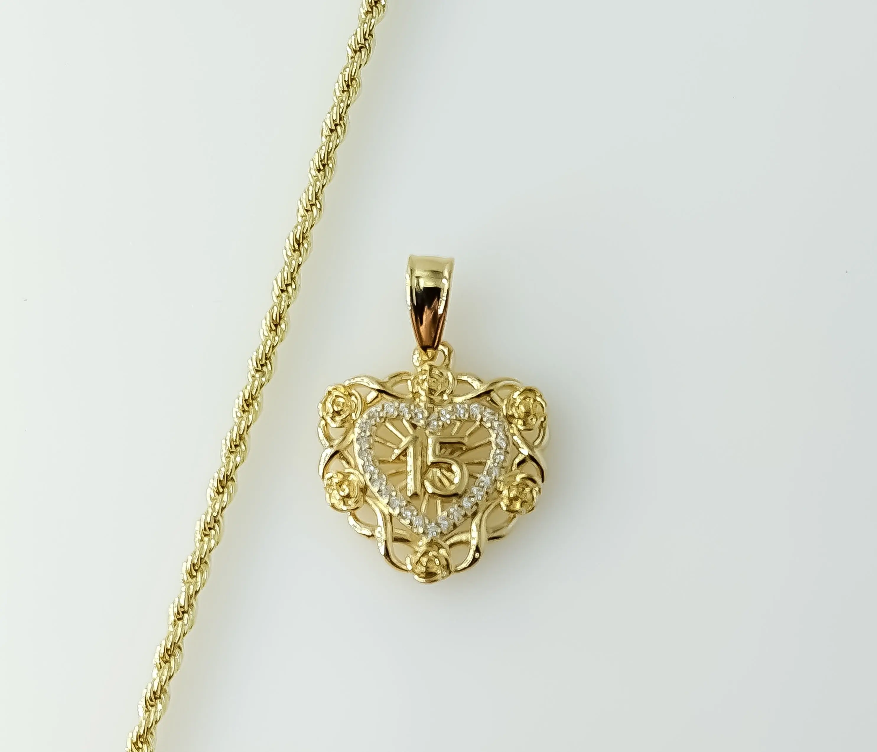 Plated Dainty Heart "My 15" Quince 2mm Rope/Braided Chain Necklace