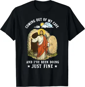 Jesus Coming Out Of My Cave And I've Been Doing Just Fine T-Shirt Pure Cotton Graphic Tees Menswear Top: Gifts for Men & Women