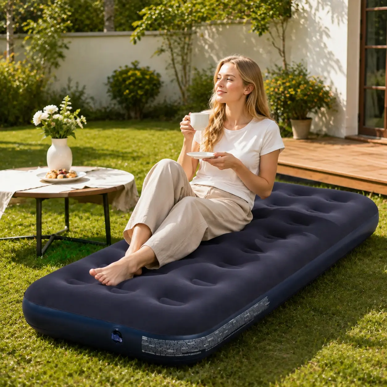Single Air Mattress, Inflatable Camping Mattress with Soft Flocked Top, Without Pump, Comfortable Tufted Surface, Portable Blow Up Bed for Camping, Travel, Guests and Outdoor Relaxation