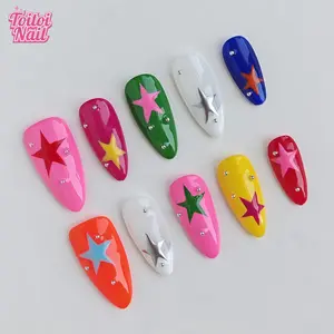 Star Pop Handmade Press-On Nails | Medium Almond Shape, 10pcs | Edgy Y2K Star Pop Design | Bold Rainbow Contrast & Hand Drawn Star & Silver Rhinestone & High Gloss Accents | Reusable DIY Nail Kit for Women | Trendy Nails for Spring, Salon Quality Nails