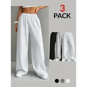 [Elegant Wide Leg Sweatpants] 3-Pack Elegant Wide Leg Sweatpants - Polyester Knit Athletic Pants for Autumn/Winter - Solid Color, Adult Fit Wideleg Bottoms Workout Tracksuit