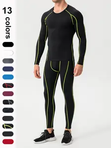 Men's Compression Tracksuit Set, Top Stitching Top & Letter Tape Leggings, Sportswear Set for Indoor Outdoor Wear, Men's Sport & Outdoor Clothing