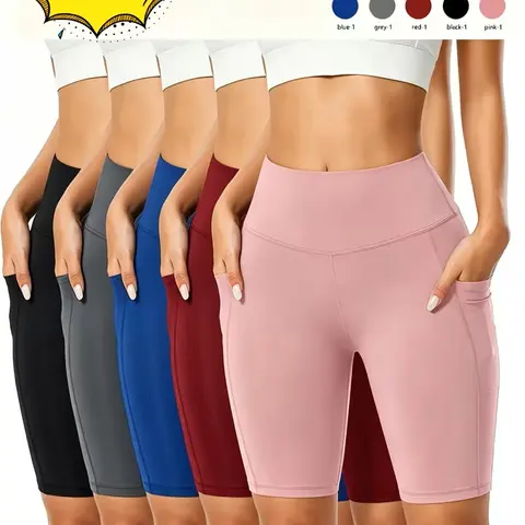 Women's 5pcs High-Waisted Biker Athleisure Shorts - Pocket-Ready, Super Soft, Tummy Control, Non-See-Through, Fitted, Above Knee, Size Inclusive, Plus Friendly, Stretch Flex, Built-In Waistband Gym Workout Bottoms for Yoga, Running