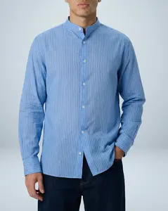 'Liam' Band Collar Light Blue and Blue Stripe Long Sleeve Shirt