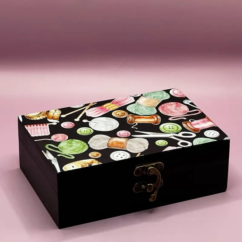 Chicago Custom Print Custom Memory Box - Sewing Theme with Hinged Lid, Soft Felt Lining, 4x6 Inches, Durable UV Print Design - Container Decorative Gift Wooden Organizer