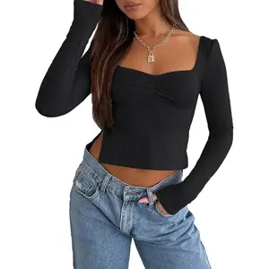 Womens Long Sleeve Going Out Crop Tops Sweetheart Neck Cute Y2k T Shirts Side Slit Tees 2026
