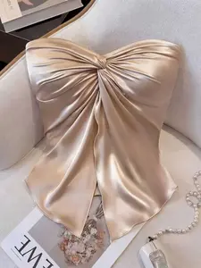Women's Summer New Fashion Chic Elegant Solid Smooth Satin Knot Design Strapless Bustier Top, Perfect for Dates, Stylish and Comfortable