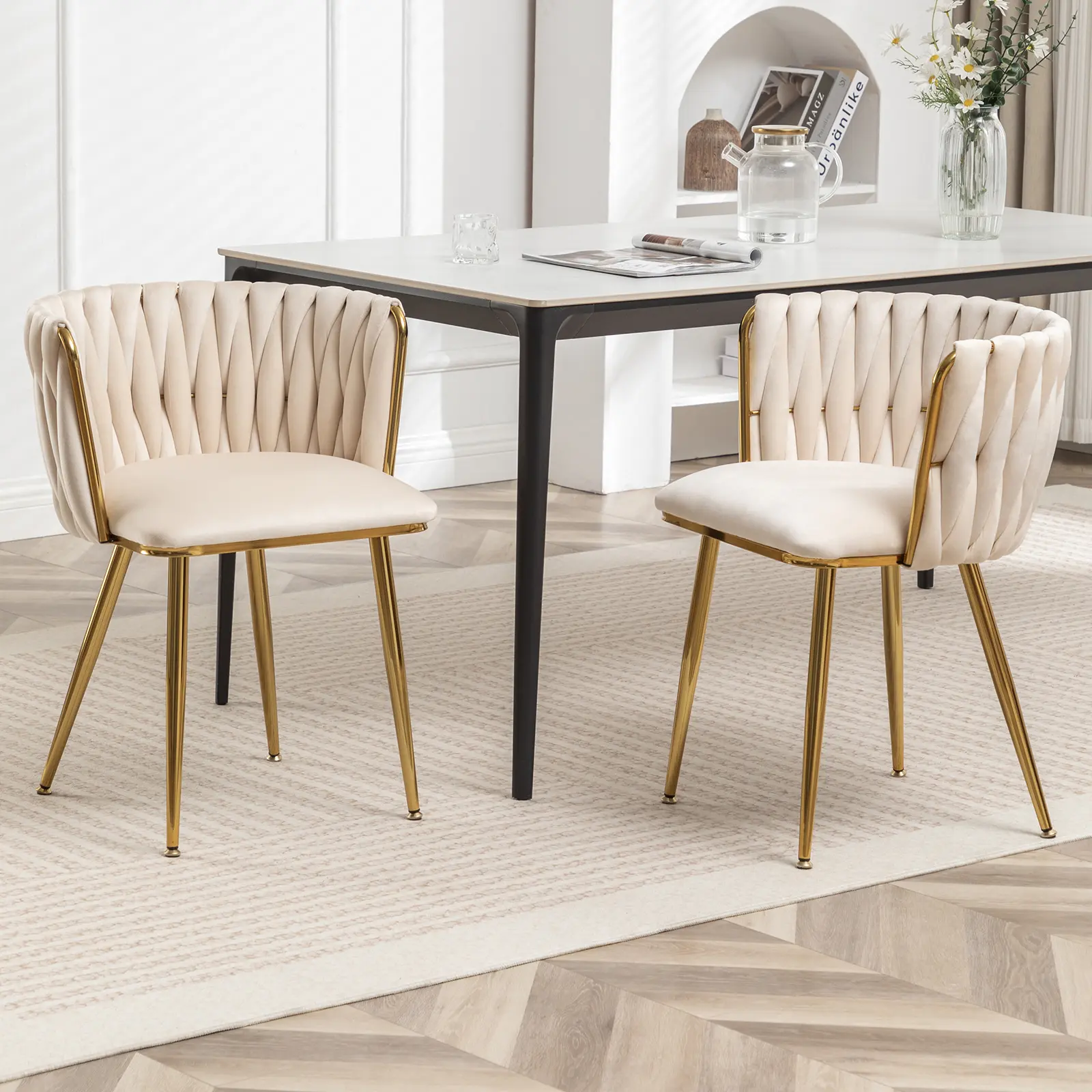 Velvet & Metal Cushioned Chair Sets (Set of 2) - Hand-Woven Modern Minimalist Indoor Furniture for Dining Room, Kitchen, Vanity with Golden Metal Legs, Cushioned Chairs